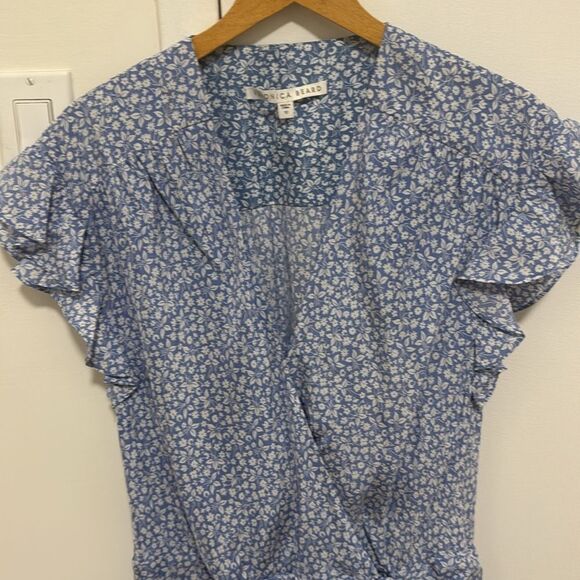 Veronica Beard Teagan Ruched Blue/White Faux Wrap Silk Dress. Size 10. - Picture 5 of 11